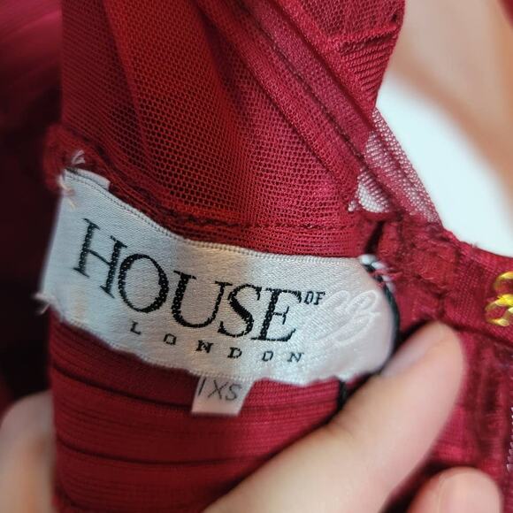 House of CB London Noelle Mesh Cutout Mini Bodycon Dress Size XS Wine Red - Picture 4 of 7
